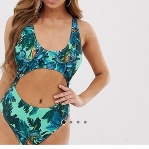 Missguided cut out swimsuit in green jungle print